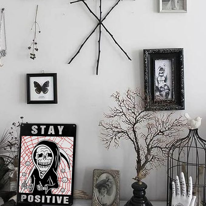 Skull Room Sign Funny Gothic Wall Decor Spooky Home Decor Aesthetic Goth Bedroom Decor Vintage Metal Tin Signs Spooky Skeleton Halloween Living Room Decorations Witchy Stay Positive Signs Hippie Signs Boho Gifts Retro Skull For Office Kitchen And Bath ...