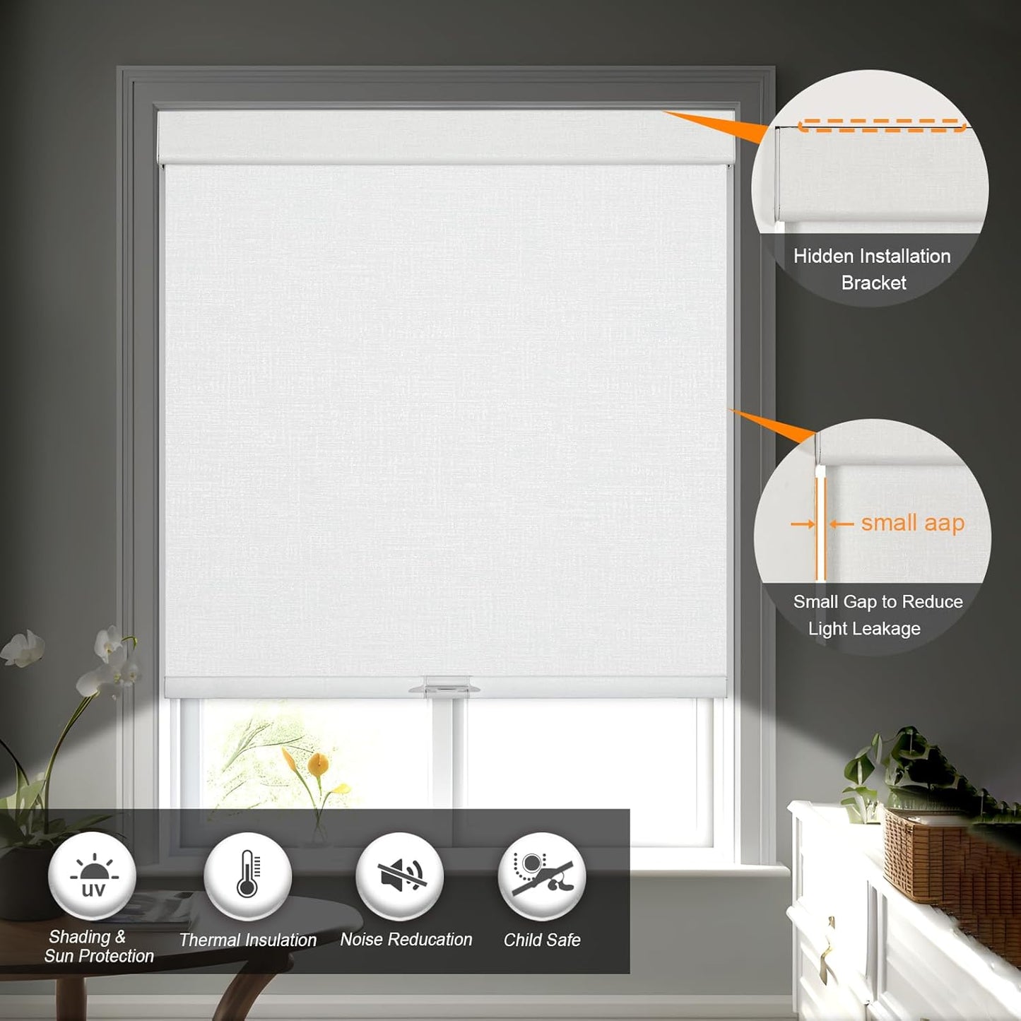 Persilux Blackout Roller Shades & Blinds Windows Shades Free-Stop Blackout Blinds with Jacquard Fabric,Cordless Blinds Pull Down Shades for Home, Easy to Install for Door/Office, White(27" W x 72" H)