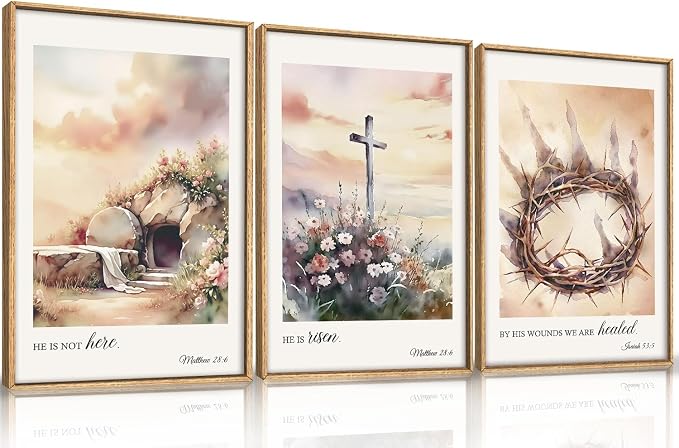 Vintage Christian Cross Framed Wall Art Set, Jesus Empty Tomb Canvas Wall Decor, Religious Bible Painting, Jesus Crucifixion Risen Easter Artwork for Living Room, Bedroom, Church -16''X24''X3