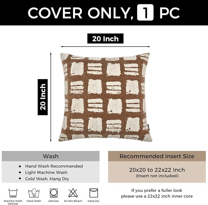 Boho Throw Pillow Covers 20x20, Brown White Abstract Grid Pillowcases, Farmhouse Decorative Pillows Cushion Cases for Sofa Bed Living Room