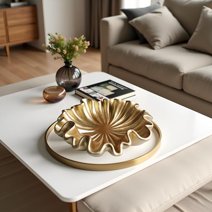 12" Large Decorative Bowl decor - Scalloped Decorative Bowls for Home Decor - Organic Fluted Modern Home Decor,Ruffle Decor key bowl,bowl for keys,Golden
