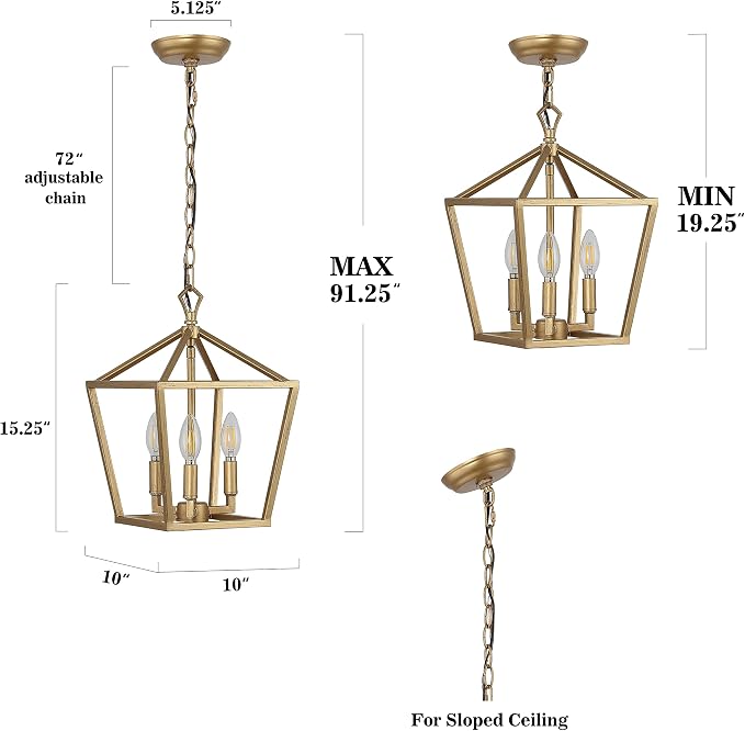 JONATHAN Y 10" Brass Gold 3-Light Pagoda LED Pendant Lantern, Classic Modern Farmhouse Chandelier for Kitchen Island, Dining Room, Entry, Foyer, Rustic Iron Frame (JYL7601B)