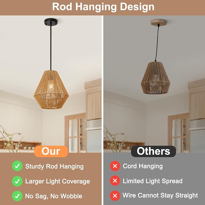 LynPon 12“ Boho Rattan Pendant Light with Rod Hanging, Black Boho Light Fixture with Hanging Lamp Shade, Farmhouse Coastal Wicker Pendant Light for Kitchen Dining Room Bedroom Hallway Foyer Bathroom