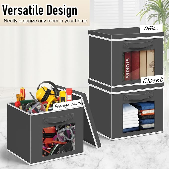 Threehoney 10 Pcs Fabric Storage Cubes with Lids and Clear Windows 11x11 Inch Foldable Closet Organizer Bins Aesthetic Dark Gray Storage Bins for Shelves Dorm Essentials Craft & Office Organization