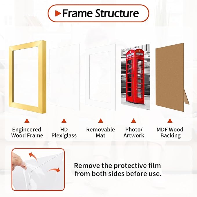 5x7 Picture Frames 8 Pack, Gold Frames for Wall or Tabletop Display, Photo Frame Collage with HD Plexiglass for Home Office Wall Decor, Display Pictures 4x6 with Mat or 5x7 Without Mat