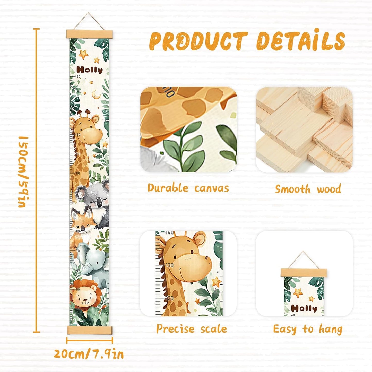Personalized Name Growth Chart Wall Decor for Kids – Canvas Removable Height Chart Measuring Ruler 59" x 7.9" (Cute Animals)