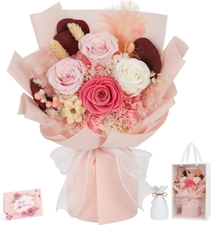 Preserved Flowers Bouquet 4 Roses with Vase,Flowers for Delivery Prime That Last 3-5 Years Real Forever Flowers Rose Bouquet for Mom Mother Women Wife Friends Birthday Mother's Day（Pink）