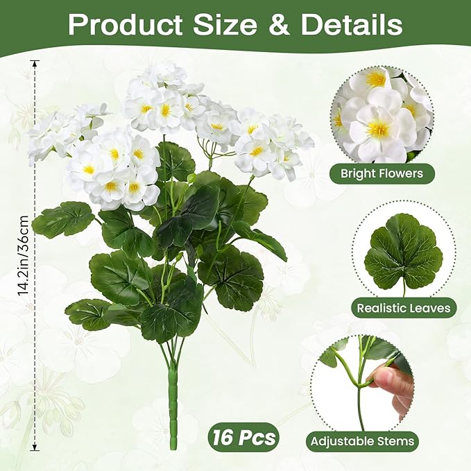 Alupssuc 16Pcs Artificial Geranium Flowers for Outdoors Decoration Silk Floral, UV Resistant Fake Plants, Faux Flower for Porch Garden Table Centerpieces Home Indoor Outside Spring Decor(8, White)