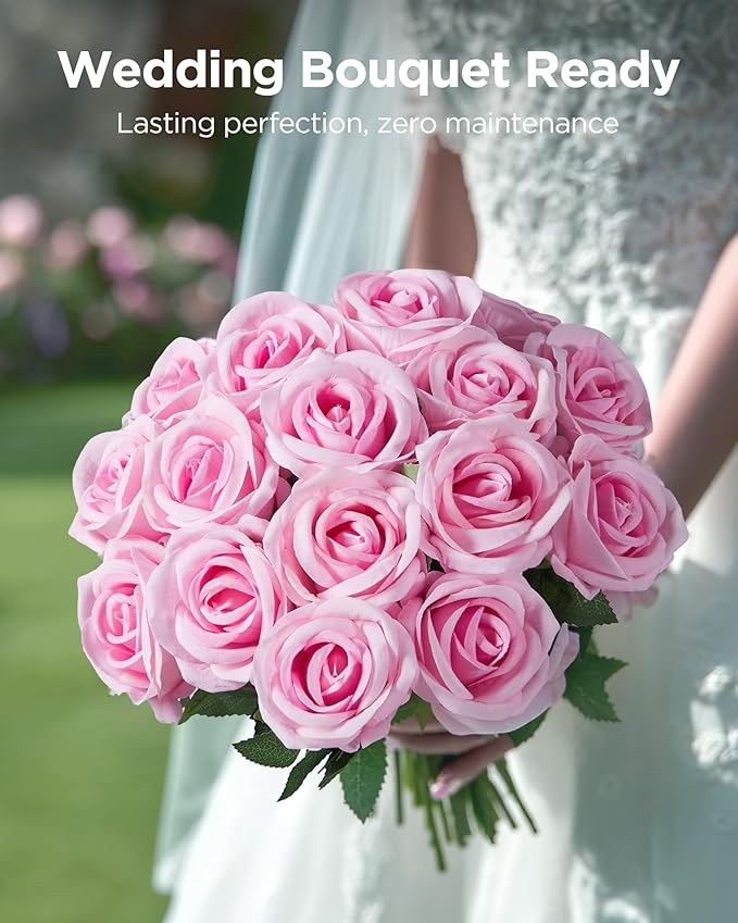 InnoGear 50 Pcs Pink Roses Artificial Flowers, Fake Velvet Silk Rose Bulk Faux Flower for Decoration DIY Wedding Centerpieces Proposal Bridal Bouquets Shower Party Home Floral Decor (50, Pink)