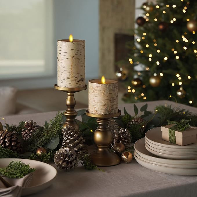 Luminara Real Birch Bark Wrapped Flameless LED Candle, 3.5" x 4.5", Battery Operated Moving Flame Pillar Light with Timer - Natural Decor Unscented