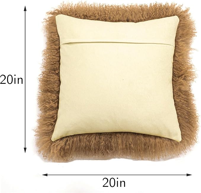 Mongolian Lamb Fur Throw Pillow Cover Real Fur Sheepskin Throw Square Cushion Fluffy Curly Wool Soft for Living Rooms Khaki 20X20in