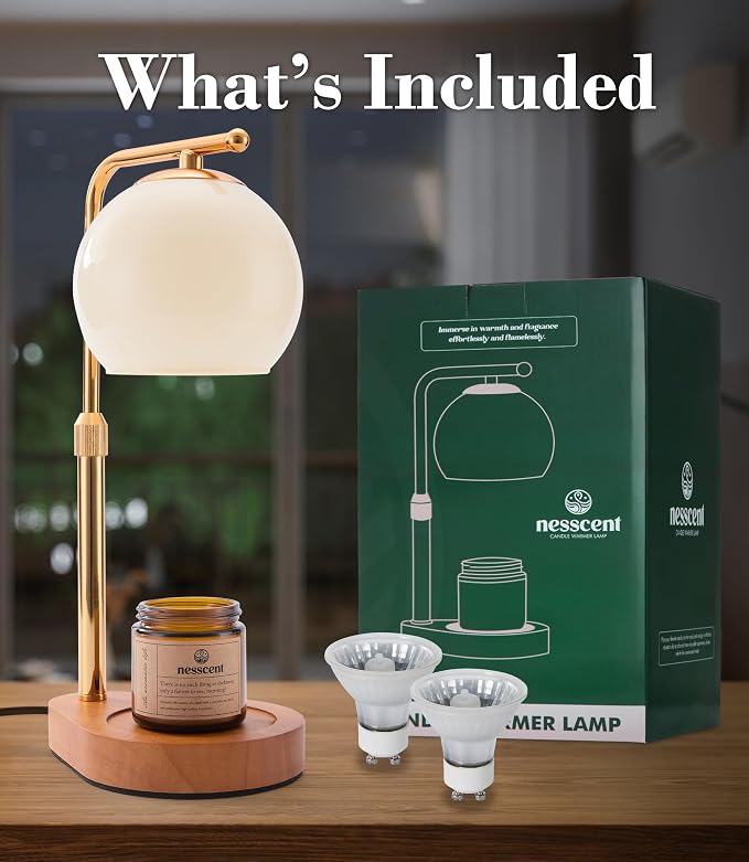 Ivory Glass Candle Warmer Lamp Adjustable Height with Timer 2 4 8H | Warm Gold Hardware | Dark Walnut Base | Dimmer Wax Melt Warmer Includes Candle and Bulbs