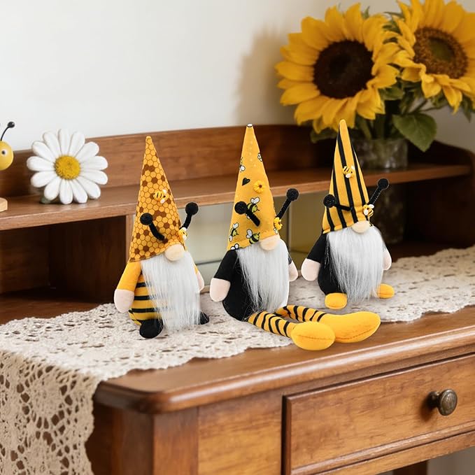 Bumble Bee Gnomes Spring Decor, 3Pcs Rustic Farmhouse Decor Indoor for Home Office Party Spring Gnomes Table Decorations, Summer Honey Bee Themed Gifts