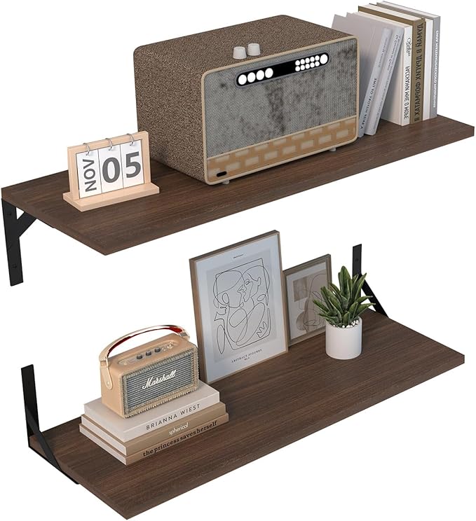Large Wall Shelves, 31.5" W x 12" D Long Floating Shelves Set of 2, Wide Display Wood Shelf Wall Mounted with Heavy-Duty Metal Brackets for Bedroom Books, Living Room, Kitchen, Walnut