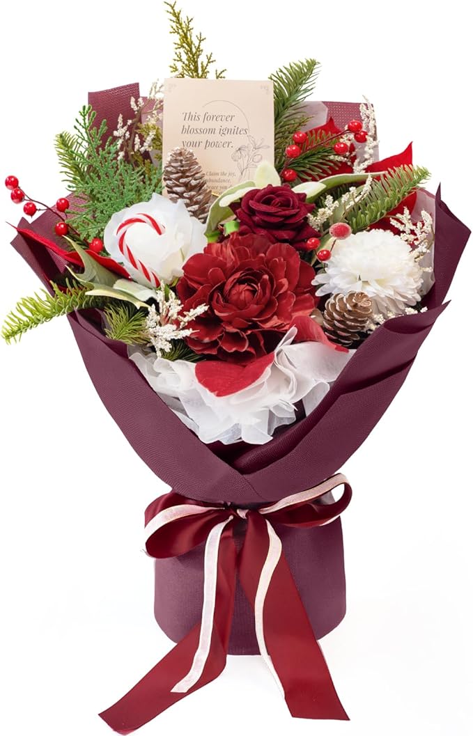 TINGE TIME Preserved Flowers Bouquet, Valentines Red Roses Faux Rose Bouquets, Artificial Flowers Poinsettia Faux Flowers, for Valentine Centerpiece Table Decoration Wedding Party