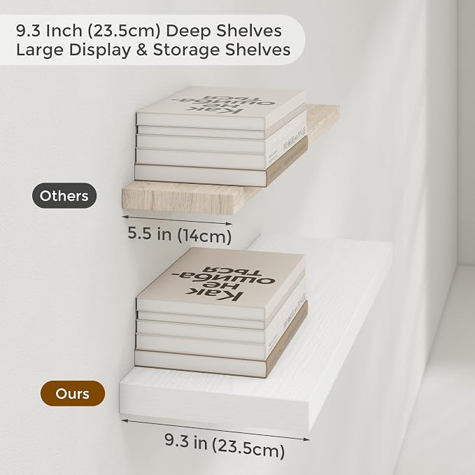 Floating Shelves for Wall, 36 inch White Wall Shelves, 9.3in Deep Bathroom Floating Shelves, Wooden Floating Shelf for Bedroom, Living Room, Kitchen, 36" W x 9.3" D x 1.5" H, 2 Packs