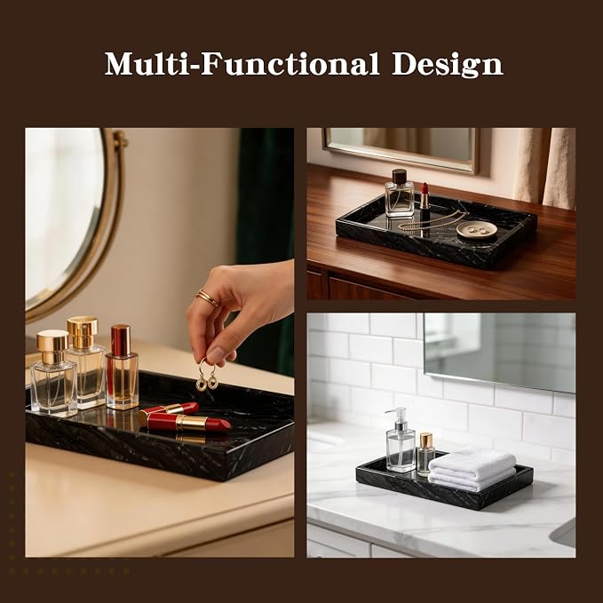 Black Marble Tray,Marble Tray,Elegant Vanity Organizer for Perfume, Jewelry, and Bathroom Essentials