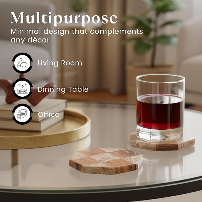 Marble Coasters Set of 4, Coral and Red Handmade 4 inch Star Natural Marble Coaster, Elegant Drink Checkered Coasters for Coffee Table, Stylish Bar Accessories & Home Décor