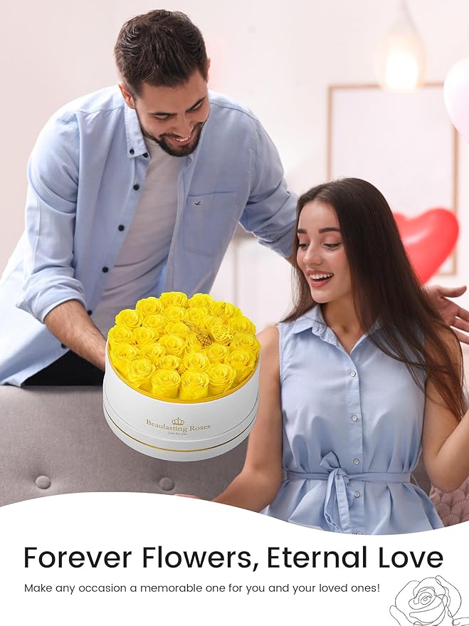 27 Preserved Roses Forever Flowers Real Roses in a Box Mother's Day Birthday Flowers for Her Mom Women Wife Valentine's Day, Yellow Roses