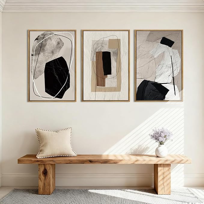 Anyzal Large Black Abstract Framed Wall Art 16x24 Inch Modern Neutral Canvas Wall Decor Beige Grey Minimalist Painting for Living room Bedroom Dining room Set of 3
