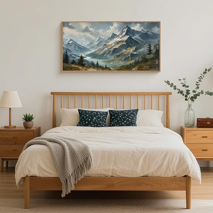 Ausril Boho Mountain Ridge Framed Canvas Wall Art Set, Nature Woodland Landscape Wall Decor, Misty Cloud Forest Wall Painting, Pine Tree River Blue Art Print for Living Room, Bedroom, Office - 20"X40"