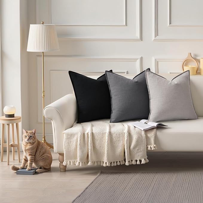 decorUhome Summer Decorative Linen Throw Pillow Covers 16x16 Inch Set of 2 Light Grey Pillow Covers with Flange Edges Soft Farmhouse Boho Accent Pillow Cases for Couch Bed Living Room
