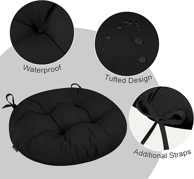 idee-home Outdoor Bistro Chair Cushions Set of 4, Round Seat Cushions | 18”x18”x 6” Thick Outdoor Round Seat Pads Tufted with Ties, Waterproof Patio Furniture Pads for Garden