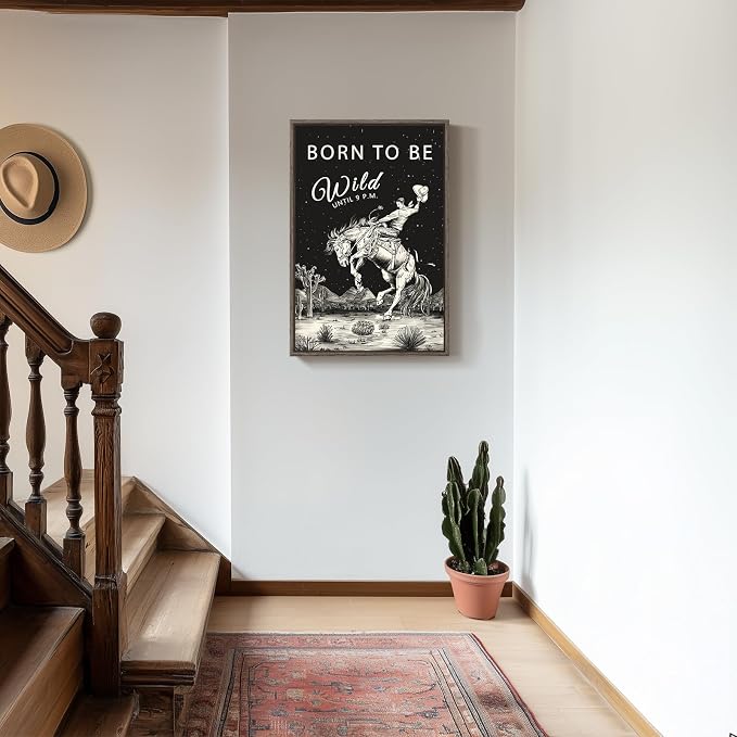 Framed Large Western Wall Art for Living Room, Cowboy Desert Cactus Canvas Artwork Prints, Black and White Boho Southwest Decor, Starry Night Pictures for Bedroom, Home Office Total Size 30x60 Inch