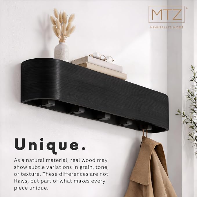 MTZ Solid Wooden Wall Mounted Coat Rack with Shelf & 5 Hidden Hooks – Modern Entryway Coat Hanger, Wood Coat Rack for Jackets, Bags & Keys, Minimalist Wall Hook Rack (Black)