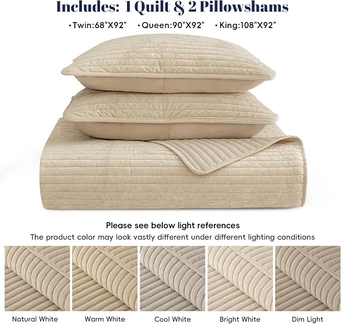 PHF Luxury Velvet Quilt Set Queen Size – 3PCS Ultra Soft Quilted Comforter Alternative with Striped Channel, Cozy Quilted Bedspread, 1 Coverlet with 2 Matching Shams, 90" x 92", Oxford Tan