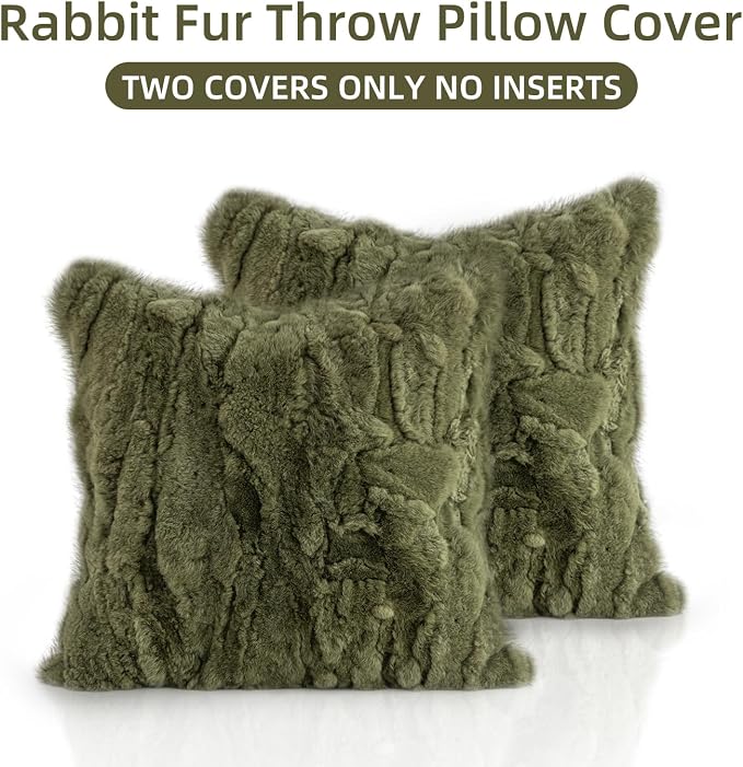 Genuine Rabbit Fur Throw Pillow Covers Set of 2,Luxury Decorative Pillowcases Soft Fluffy Animal Skin Accents Square Cushion Cover for Couch Sofa Bedroom Living Room Home,18x18 inch,Green