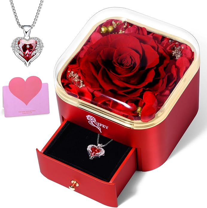 Valentines Day Gifts for Her - Preserved Real Blue Rose with Heart Necklace, Forever Flowers Gifts for Mom Grandma Wife Girlfriend at Christmas, Valentines, Mothers Day, Anniversary or Birthday Gifts for Women to Send Love