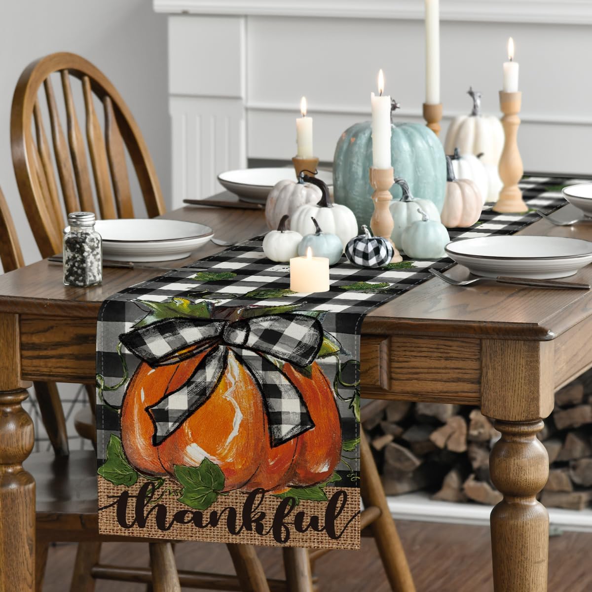Artoid Mode Buffalo Plaid Bowknot Pumpkin Thankful Fall Table Runner, Autumn Thanksgiving Kitchen Dining Table Decoration for Home Party Decor 13x48 Inch