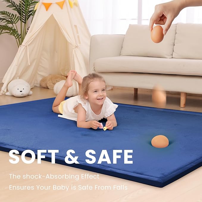 Extra Large 79"x118" Baby Activity Play Mat for Floor, 1.3" Thick Elasti Foam for Tummy Time & Crawling, Non-Slip Nursery Rug for Infants, Toddlers & Kids, Tatami Style Mat for Yoga, Living Room, Classroom & Playroom(Royal Blue)