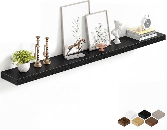 Fun Memories 60Inch Long Floating Shelves, 8 Inch Deep Shelves for Bedroom|Living Room, Wall Mounted Wood Hanging Shelf with Invisible Brackets for Fireplace Mantel Home Storage Decor, Black - 1 Pack