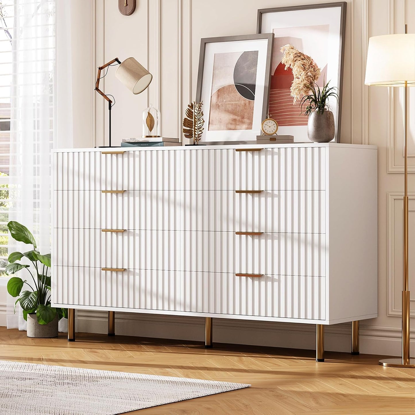 8 Drawer Dresser for Bedroom, Fluted 55" Wide Modern Chest of Drawers with Deep Drawers, Wooden Dresser Organizer for Living Room, Hallway, Kids Room, White