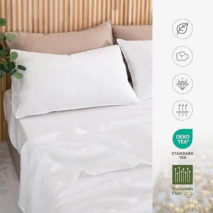 Linen Pillow Cases 100% French Natural Linen Pillowcase Set of 2-Stone Washed Moisture-Absorbing Linen Pillow Shams King Size(20''x40''),White