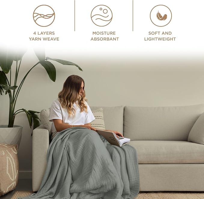 Threadmill Muslin Throw Blanket | 4 Layer 100% Cotton Gauze | Lightweight, Breathable, and Soft All Season Blanket | 50 x 65 Cozy Throw for Sofa, Couch & Bed | Scottish Grey