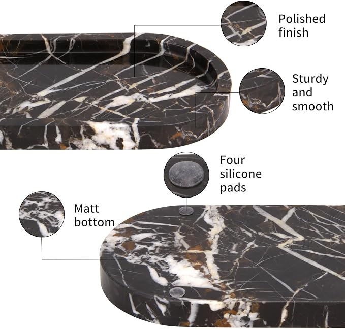 Natural Marble Tray Oval, Bathroom Vanity Tray for Countertop, Elegant Stone Decorative Organizer for Perfume, Jewelry, Home Decor (1, Black Gold, 10 x 5 x 0.6)
