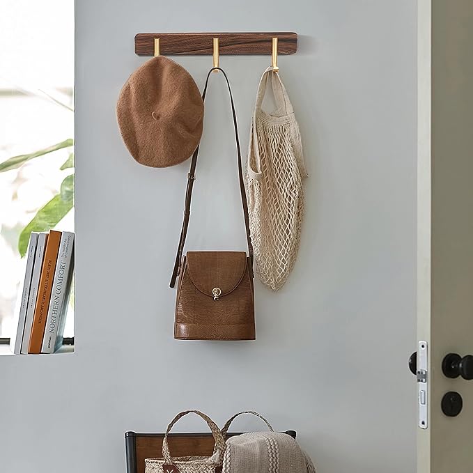 Wall Mounted Coat Rack, Entryway Hanging Coat Rack, Metal Wood Coat Rail with 3 Rustic Hooks Rail for Coat, Scarf, Bag, Towel, Key, Cap, Hat, Walnut Gold Matt