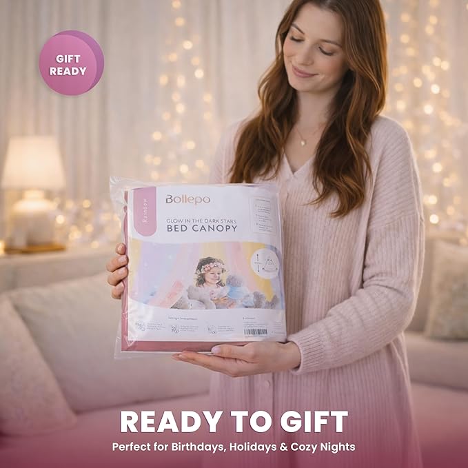 Pink Bed Canopy for Girls with Glowing Stars - Premium Canopy Bed Curtains | Fits Single, Twin, Full, Queen Size Kids Bed, Princess Netting Room Decor, Ceiling Tent to Cover Toddler, Canopy for Bed