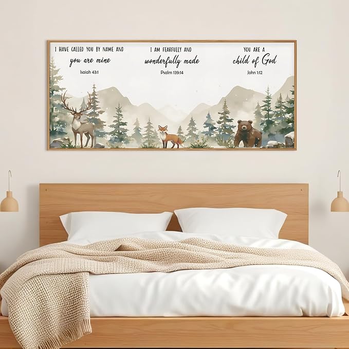 HPNIUB Woodland Animal Christian Framed Wall Art Set,Bible Verse Quote Wall Decor,Nature Forest Religious Art Print,Misty Forest Deer Bear Fox Artwork for Nursery,Kids Bedroom,Study Room-20"x40"
