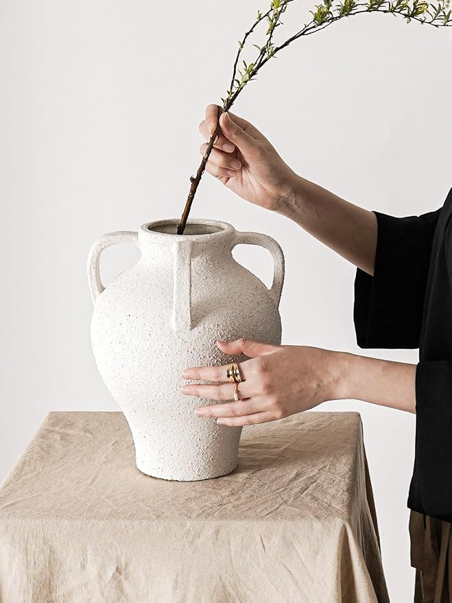 Large White Ceramic Vase - 10.8 Inch Rustic Farmhouse Vase with Handles for Home Decor, Vintage Tall Vases for Living Room, Table, Bathroom, Holiday & Weddings (Rock Sand White)