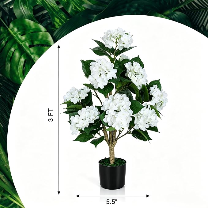 Faux Hydrangea Tree 3ft Set of 2,Artificial Hydrangea Bush UV Resistant,Fake Hydrangea with White Flowers in Pot,Artificial Plants for Outdoor Indoor Front Porch Patio Office Decor