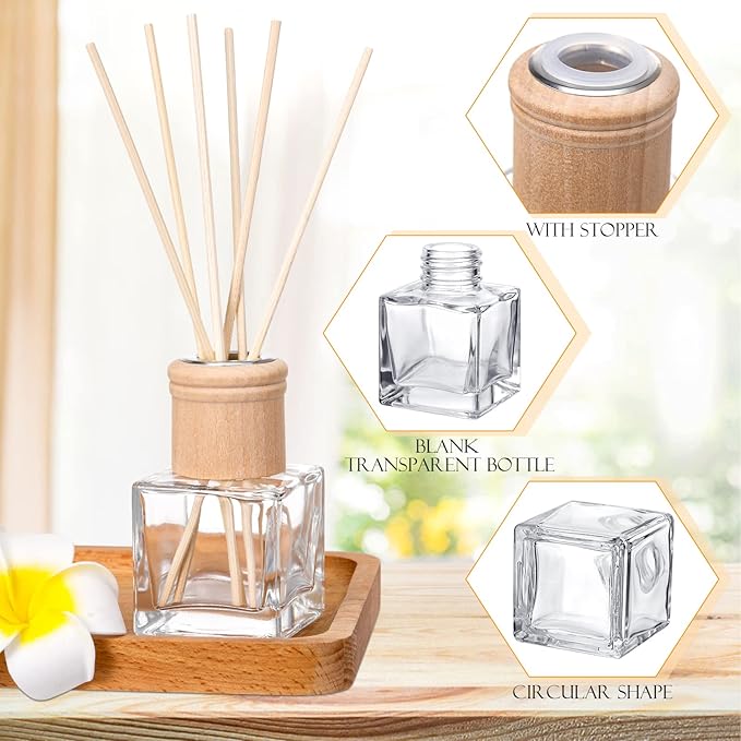 Roshtia 30 Set Reed Diffuser Bottle Empty Refillable Fragrance Glass Diffuser Bottles with Wooden Caps Rattan Sticks 50ml 1.7 oz Glass Jars for DIY Fragrance