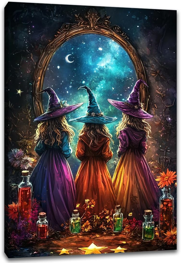 Witch Poster Halloween Fall Wall Art Decor,Three Witches with Magic Potion Mirror Colorful Vintage Print,Dark Academia Spooky Canvas Art Prints for Home Living Room,24"x36" Framed
