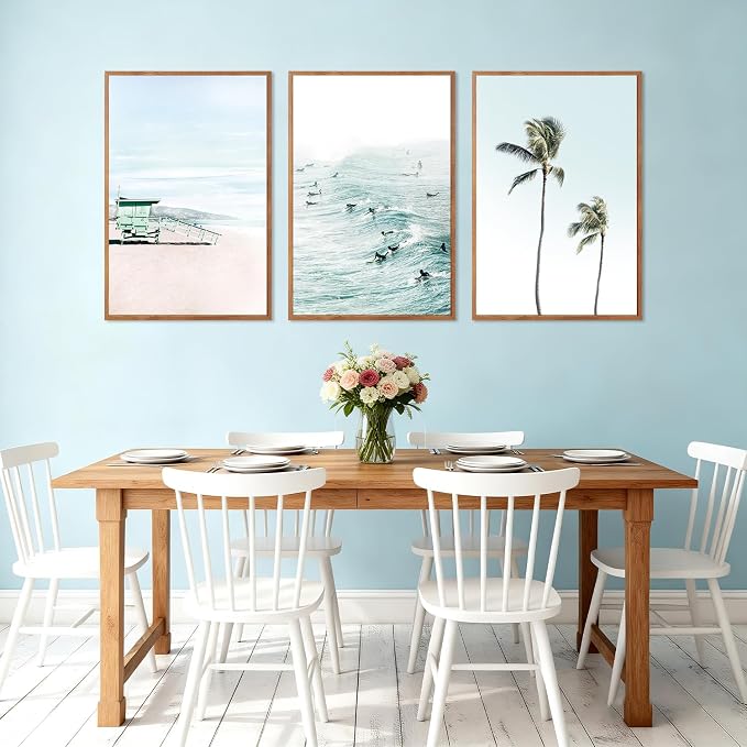 CHDITB Coastal Framed Canvas Wall Art, Beach Surfing Posters, Neutral Palm Tree Ocean Decor, Summer Vacation Artwork Tropical Seaside Painting for Home Living Room Coastal Bedroom 24"x36"x3