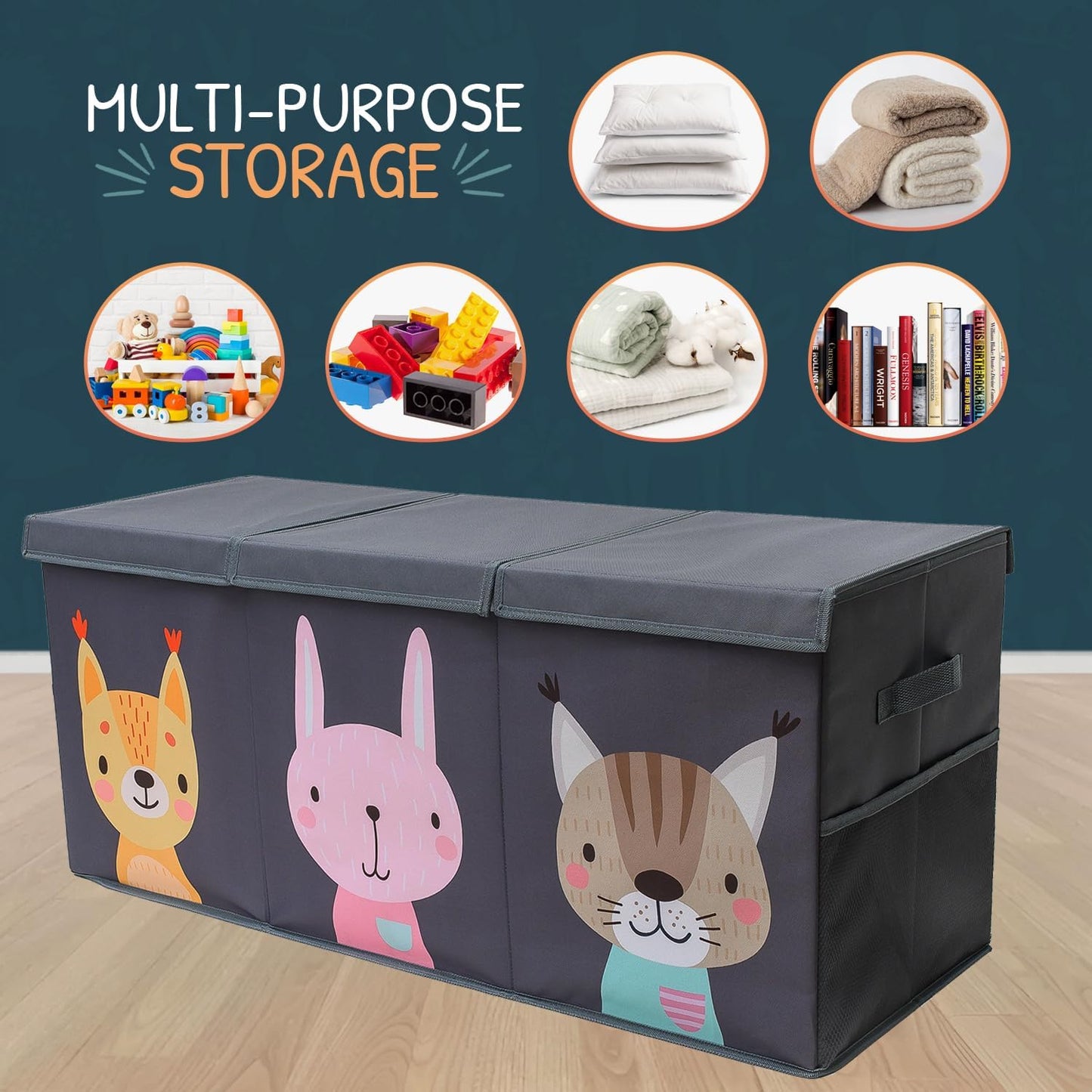 Extra Large Toy Storage Organizer with Lid - Sturdy, Collapsible Toy Chest Storage Box with Cute Design - Toys Bin with Dividers for Kids, Boys, Girls, Nursery, Bedroom, Play room 37"x16"x14"