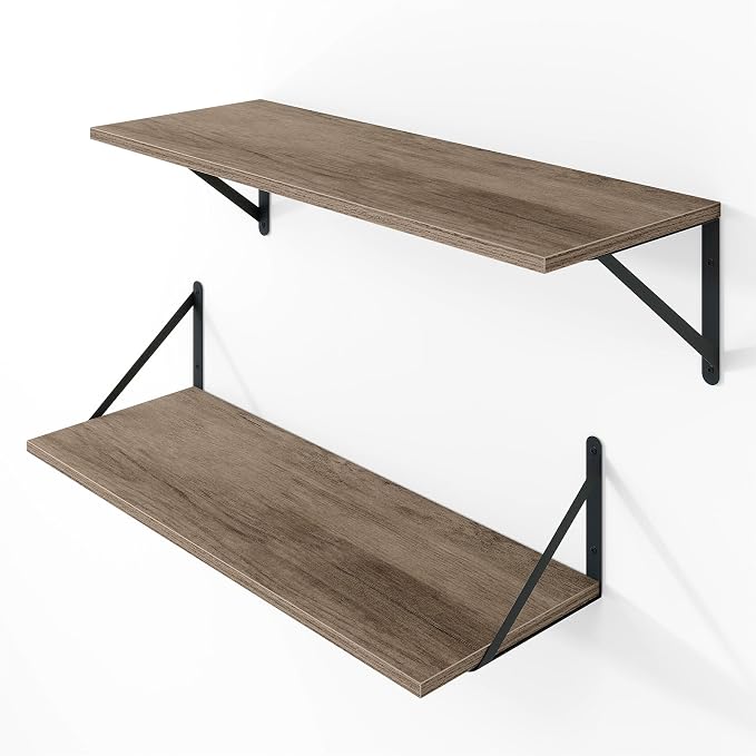 Vivelove Deep Floating Shelves for Wall, 24W x 8D Rustic Grey Wood Wall Shelves Set of 2, Large Floating Shelf for Living Room, Kitchen, Office, Bedroom and Decor Storage, with Metal Bracket - Grey