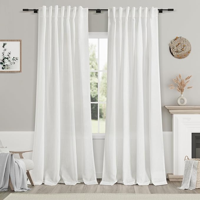Nanspring White Semi Sheer Curtains 86 Inches Long 2 Panel Set Pocket Back Tab Linen Light Filtering Decorative Decor Curtain Drapes for Bedroom Living Room 52x86